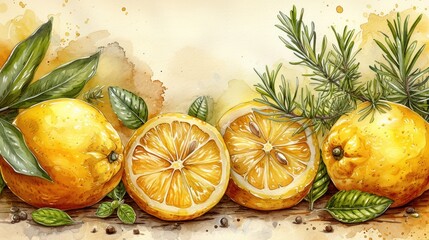 a painting of a group of oranges with leaves on the top and one sliced in half on a table.
