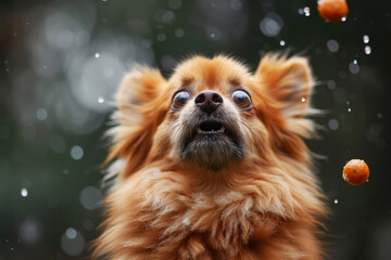 Fluffy Dog with Treats Falling Around.
Fluffy dog looking upwards with treats falling around it.