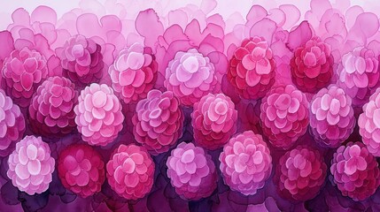 a painting of pink and purple flowers on a white background with a light pink wall in the middle of the picture.