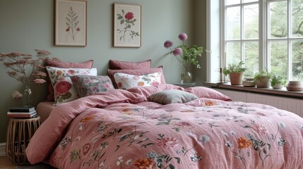 a bed covered in a pink comforter next to a window with potted plants on the window sill.