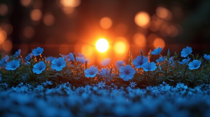 a group of blue flowers sitting on top of a lush green field next to a bright orange and yellow sun.