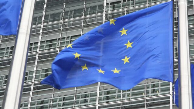 Detail of European Union flag waving in front of European Commission in Brussels, Belgium