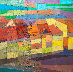 Ivano-Frankivsk, Ukraine. Abstract View on the city. Ukrainian architecture, acrylic on canvas painting created by artist.
