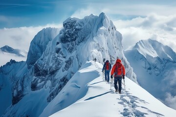 A Group of People Hiking Up a Snow Covered Mountain - obrazy, fototapety, plakaty