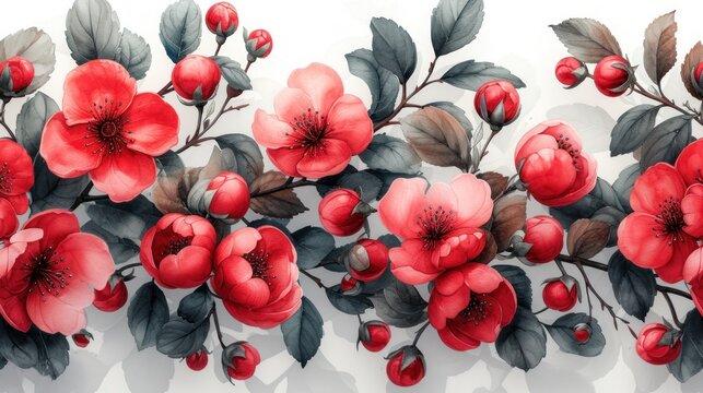 a watercolor painting of red flowers and leaves on a white background with a shadow of leaves on the left side of the image.