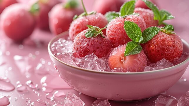 a close up of a bowl of strawberries with ice on a pink surface with other strawberries in the background.