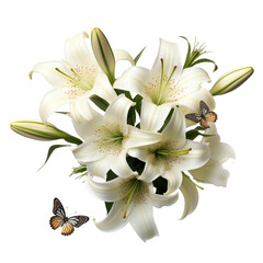 Fototapeta premium Lily surrounded by butterflies flower isolated on transparent background