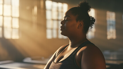 curvy woman meditating in the gym - obrazy, fototapety, plakaty
