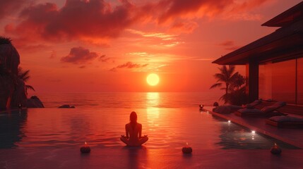 a woman sitting on the edge of a swimming pool watching the sun go down over the ocean with a sunset in the background.