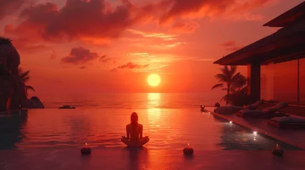 Papier Peint photo Rouge a woman sitting on the edge of a swimming pool watching the sun go down over the ocean with a sunset in the background.