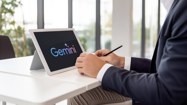 Employee having a work break using a tablet running Google Gemini application on a desk. A modern bright office with a large window in the background