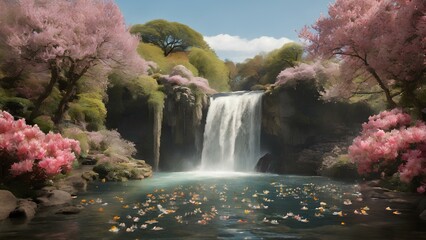A photograph of a waterfall with a lake of water in the middle and flowering trees around it

