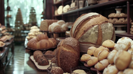 Fototapeta premium Assorted pastry and bread arranged on tray selling at bakery shop.