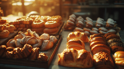 Assorted pastry and bread arranged on tray selling at bakery shop. - obrazy, fototapety, plakaty