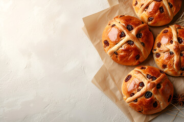 British Hot cross buns with raisins, decorated with a cross on the top for Easter.