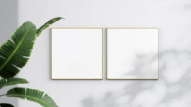 Two Square Wooden Frames Video Mockup in home interior, Shadow Motion Mockup