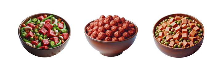  Collection Set of delicious Mock meat in bowl, isolated over on transparent white background