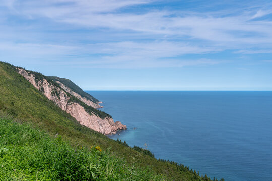 The Cabot Trail, a scenic highway on Cape Breton Island in Nova Scotia, Canada. Rugged coastline in the Cape Breton Highlands and the Cape Breton Highlands National Park.