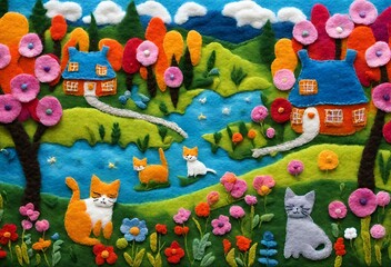 Obraz premium view of a meadow with cats playing in front of the house Among the flowers and trees, felt art