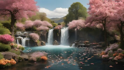 A photograph of a waterfall with a lake of water in the middle and flowering trees around it

