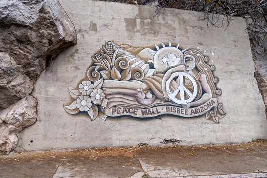 Bisbee, Arizona - December 20, 2023: Famous Peace Wall mural in Bisbee, Arizona