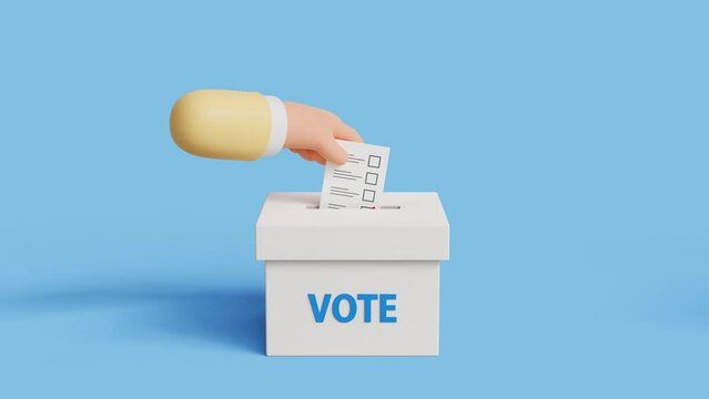 3D hands in business attire leaving votes in the box. Voting, going to vote, citizen participation in voting. Putting votes in ballot box, elections and democracy. 4k 3d loop animation