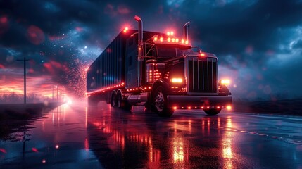 Semi Truck Driving Down Wet Road at Night