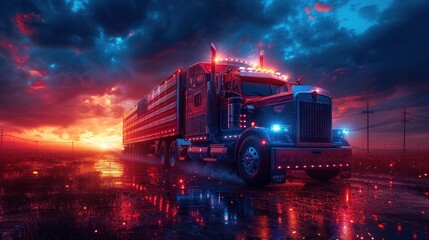 Large Semi Truck Driving Down a Wet Road - obrazy, fototapety, plakaty