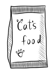 BLACK AND WHITE VECTOR DRAWING OF A PACK OF DRY CAT FOOD