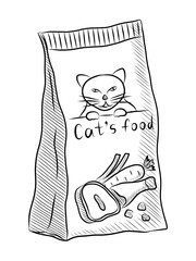 BLACK AND WHITE VECTOR DRAWING OF A PACK OF DRY CAT FOOD