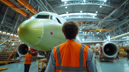 A man wearing a safety vest tours an aircraft factory. View from behind.