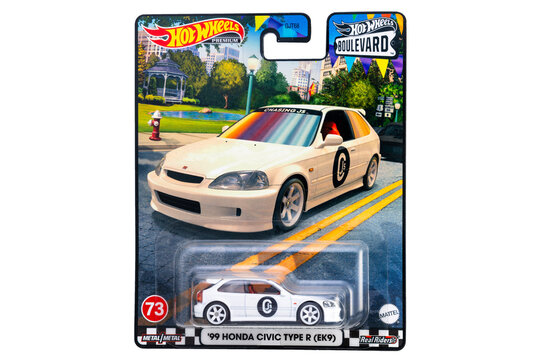 Warwick, UK - February 8 2024 : A hot wheels boulevard limited edition die cast Honda civic type r, ek9, 1999 toy car in championship white. Mint in box unopened packaging. Iconic Japanese sports car 