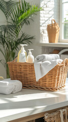 A bright laundry room with a table holding a wicker laundry basket filled with folded towels and bottles of detergent. Horizontal composition. 