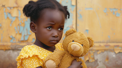 Upset lonely african kid girl holding teddy bear looking away --ar 16:9 --v 6 Job ID: 361d0d61-970c-4177-aa11-010130e11431