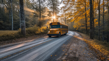 Obraz premium A yellow school bus rides along a forest road.