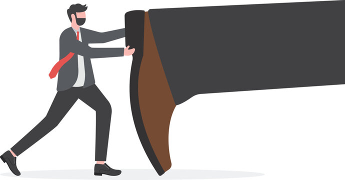 Keep pushing yourself, continue self development or self improve to overcome difficulty and success in business and career concept, confidence businessman pushing big hisself forward with full effort.