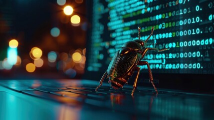 a bug near a security shield on a laptop, symbolizing the proactive protection against digital threats in the form of bugs