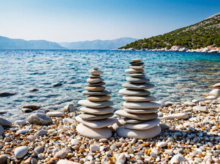 Fototapeta na wymiar Small cairn from beach rocks, with beautiful landscape of Croatia behind, Croatia coast, sea and rocks in water.