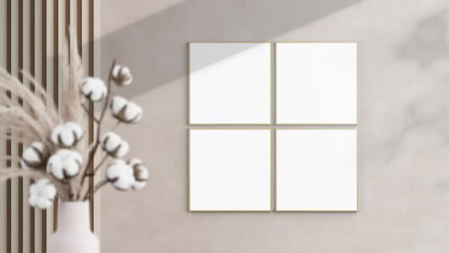 Four Square Wooden Frames Video Mockup in home interior, Shadow Motion Mockup