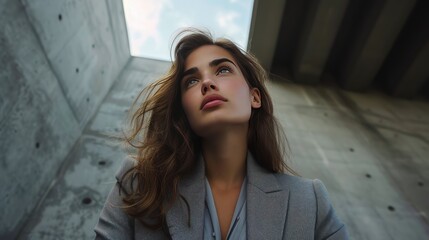 Downward perspective of a brown-haired businesswoman wearing a grey blazer looking forward, industrial background. Created with Generative AI.