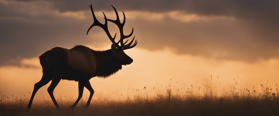 Silhouette of a large bull Elk stag walking on the prairie against the sky at sunrise Rocky Mountain
