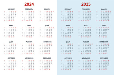 Quarter calendar template for 2024, 2025 year. Wall calendar grid in a minimalist style. Week Starts on Sunday