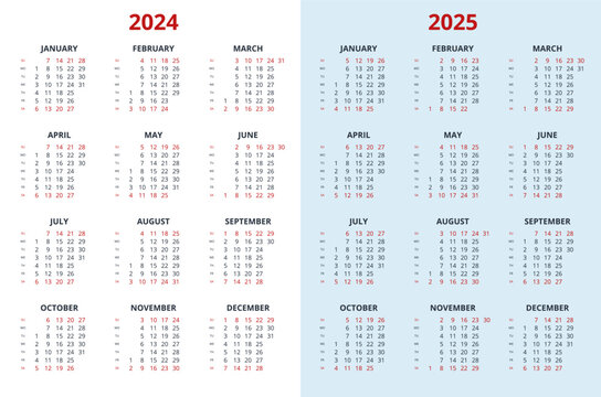 Quarter calendar template for 2024, 2025 year. Wall calendar grid in a minimalist style. Week Starts on Sunday
