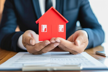 Fototapeta na wymiar Hands of real estate agent or bank manager holding red house in office. Home Insurance, banking, property investment and mortgage loan concept