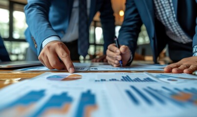 business man hand holding pen and partner pointing graph chart for analyze the company's sales plan in the office.Generative AI
