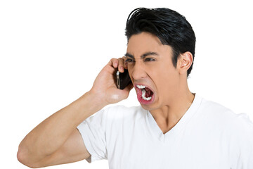 Closeup of an angry man screaming on mobile phone