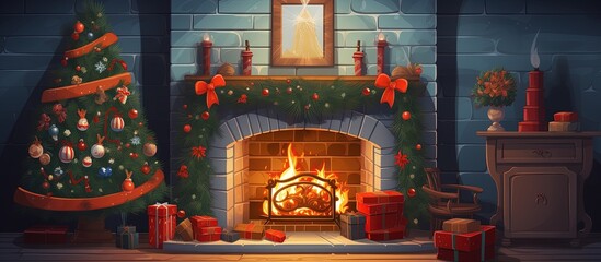 Decorated room with window, gifts, fireplace. Festive holiday decoration.