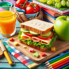 Snack for school with sandwich, fresh Apple and orange juice. Colorful school supplies