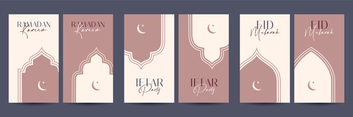 Set banners with a mosque gate and a crescent moon in a flat style. Collection postcard Ramadan Mubarak. Fine lines, elegant and modern design, minimalism, different options. Vector for social media	