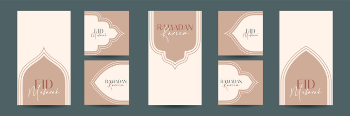 A collection of rectangular postcards with a mosque gate in a flat style. Ramadan Mubarak. Fine lines, elegant and modern design, minimalism, different options. Vector